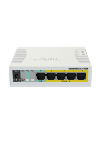 MikroTik RB260GSP Switch, GCA8337 Chip, 128KB FLASH, 5x Ethernet, SFP Port, SwOS OS, White 